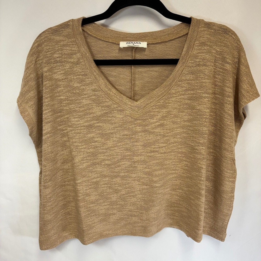 Zenana Tan Marl V-Neck Lightweight Knit Boxy Short Sleeve Top Cropped Small NWOT
